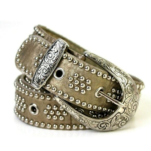 GOLD GENUINE LEATHER 1.5"Wd SILVER STUDDED CASUAL DRESS WOMEN'S BELT Sz M (T37 - Picture 2 of 6